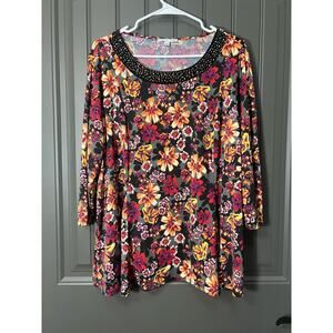 Notations Gray Orange Purple Floral Long Sleeve Top Size 2x
